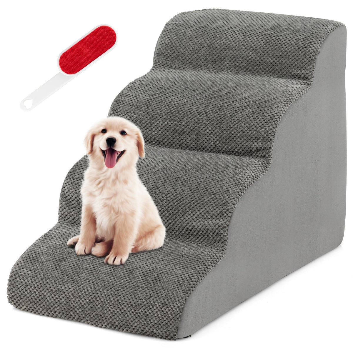 Foam dog stairs beside a couch